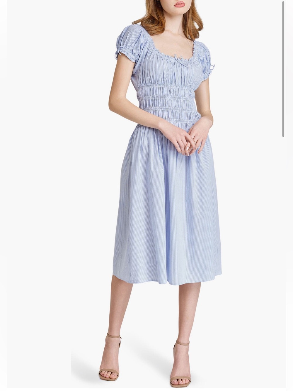 WAYF Adelina Stripe Shirred Cotton Blue & White Femme Midi Dress M